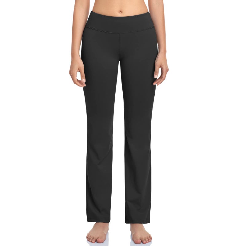 HISKYWIN Inner Pocket Yoga Pants 4 Way Stretch Tummy Control Workout Running Pants, Long Bootleg Flare Pants HF2-Black-M - Image 2